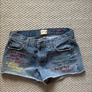 Alice + Olivia Blue and Red Jean Shorts with Distressed Style